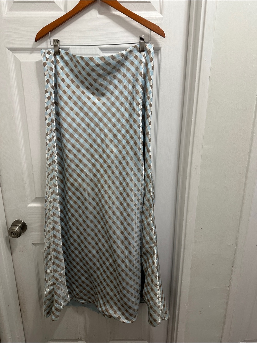 JS Collections Light Blue and Brown Gingham Maxi Skirt